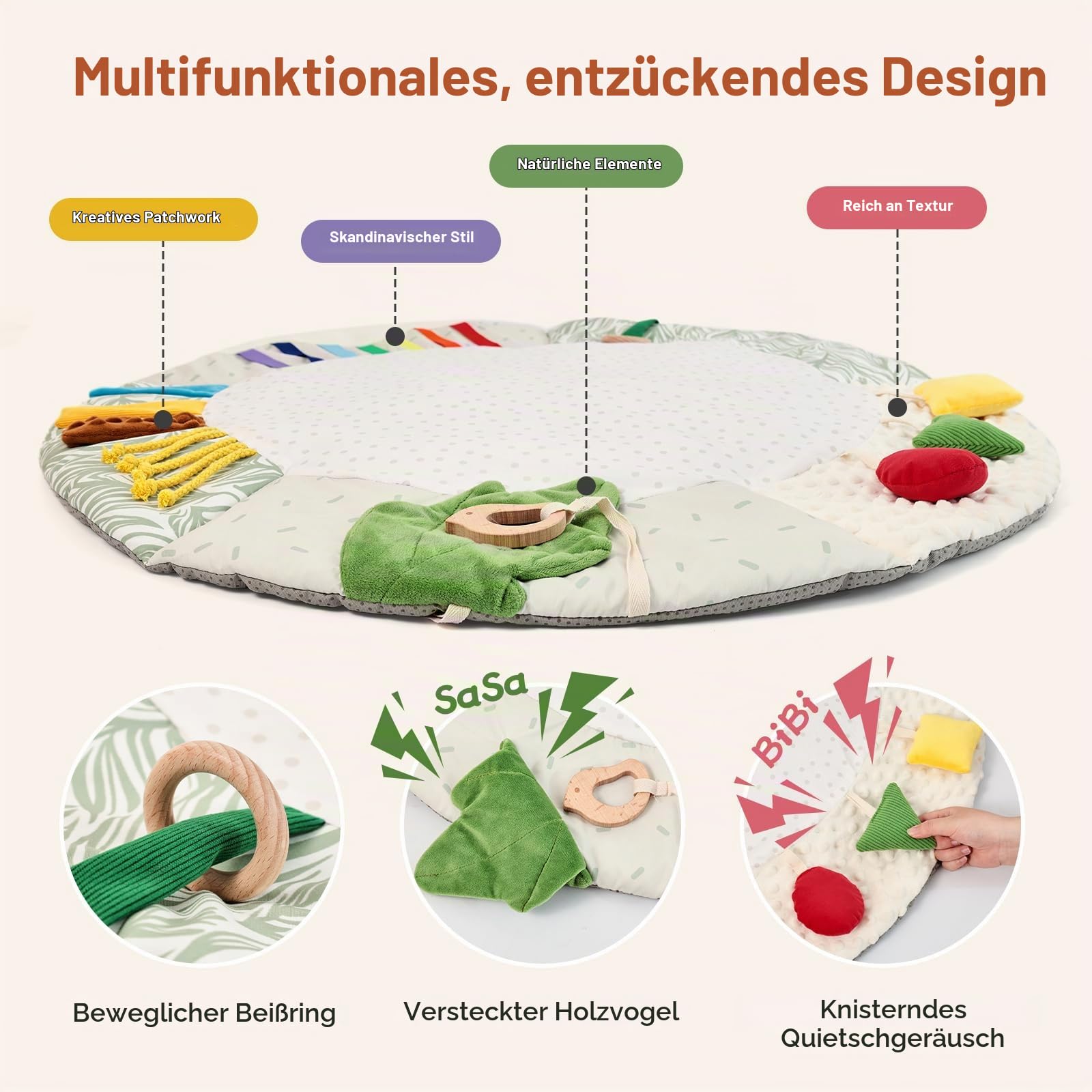OESSUF Baby Krabbeldecke Rund 85cm – 5 Sinneszonen für Sensorik Motorik | Baby Spielmatte für Spielebogen, Weich Rutschfest | Babydecke für Neugeborene ab 0 Monate Jungen Mädchen | Geschenk zur Geburt