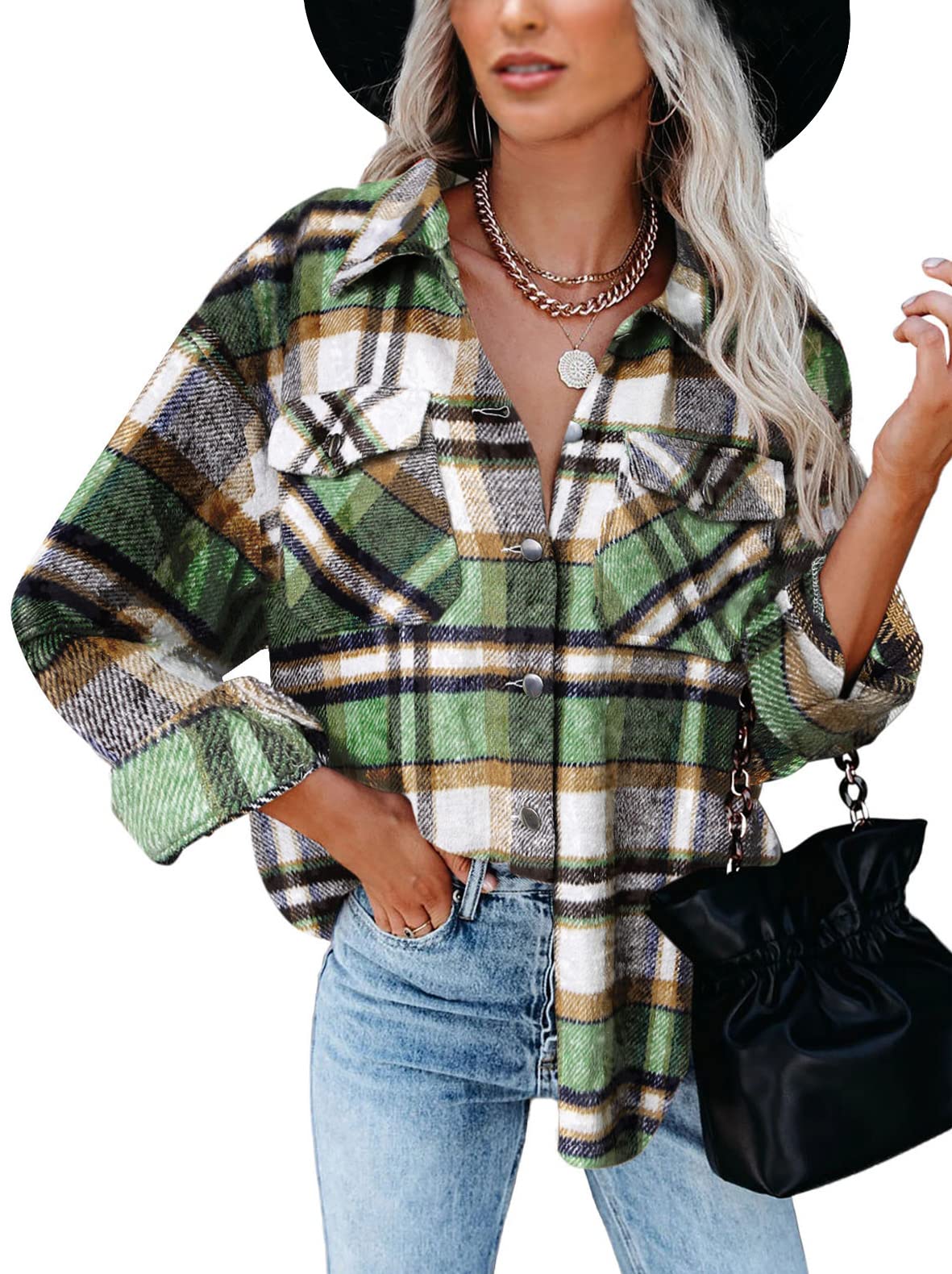 BTFBM Women Long Sleeve Shirts Button Down Plaid Casual Flannel Shirt Boyfriend Blouse Top Jacket Shackets with Pockets - Plaid Print Green Medium