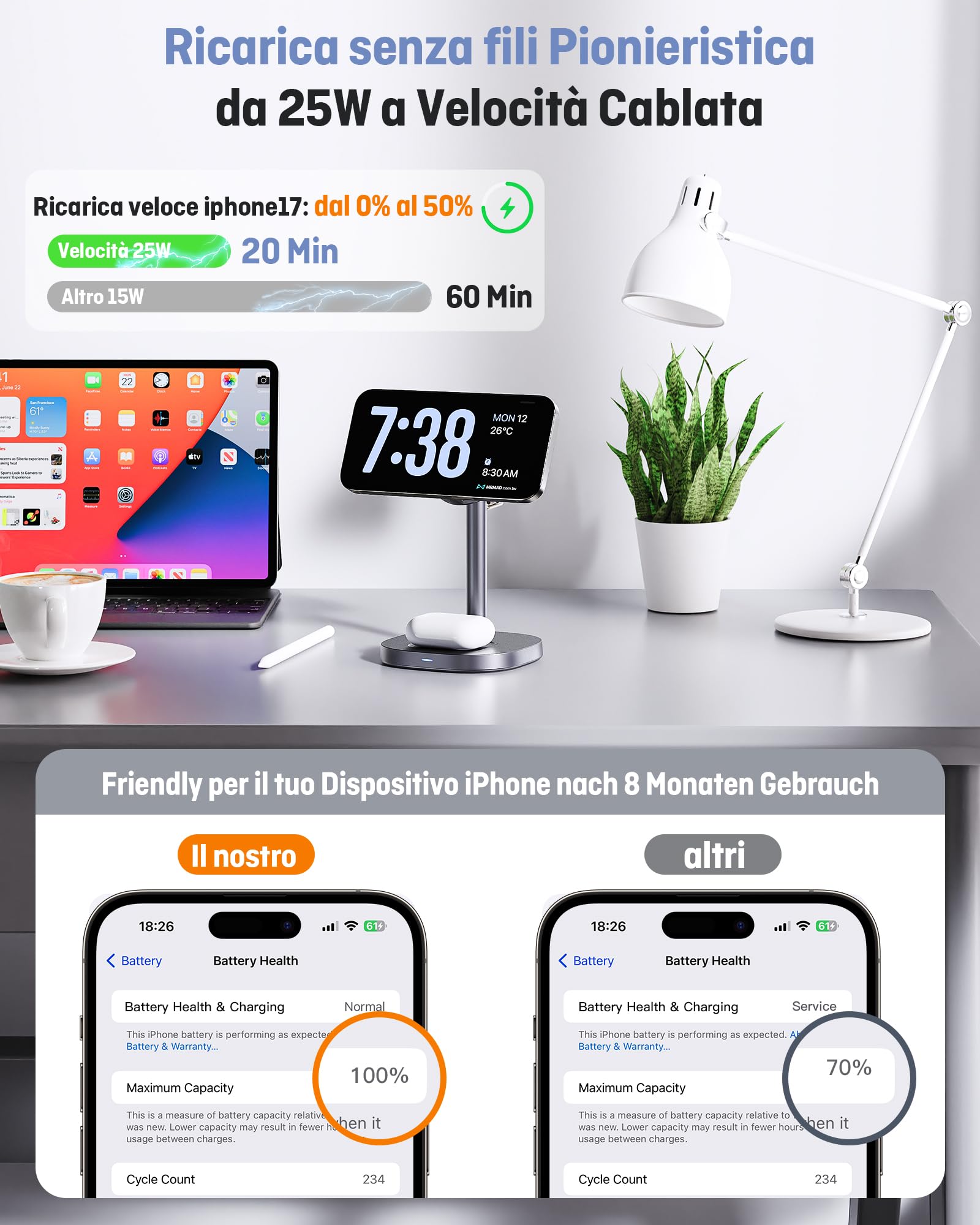 Augnner 3 in 1 Caricatore Wireless,Qi2.2 25W Caricabatterie Magnetico Rapido con Raffreddamento Attivo TEC,Stazione Ricarica Wireless Mag-Safe per iPhone17/16/15/14/13/12,Apple Watch/AirPods
