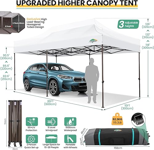 Miniatura 4 de COBIZI Tienda de campaña desplegable resistente de 10 x 20 pulgadas con 6 paredes laterales, toldos instantáneos comerciales para fiestas, kioscos