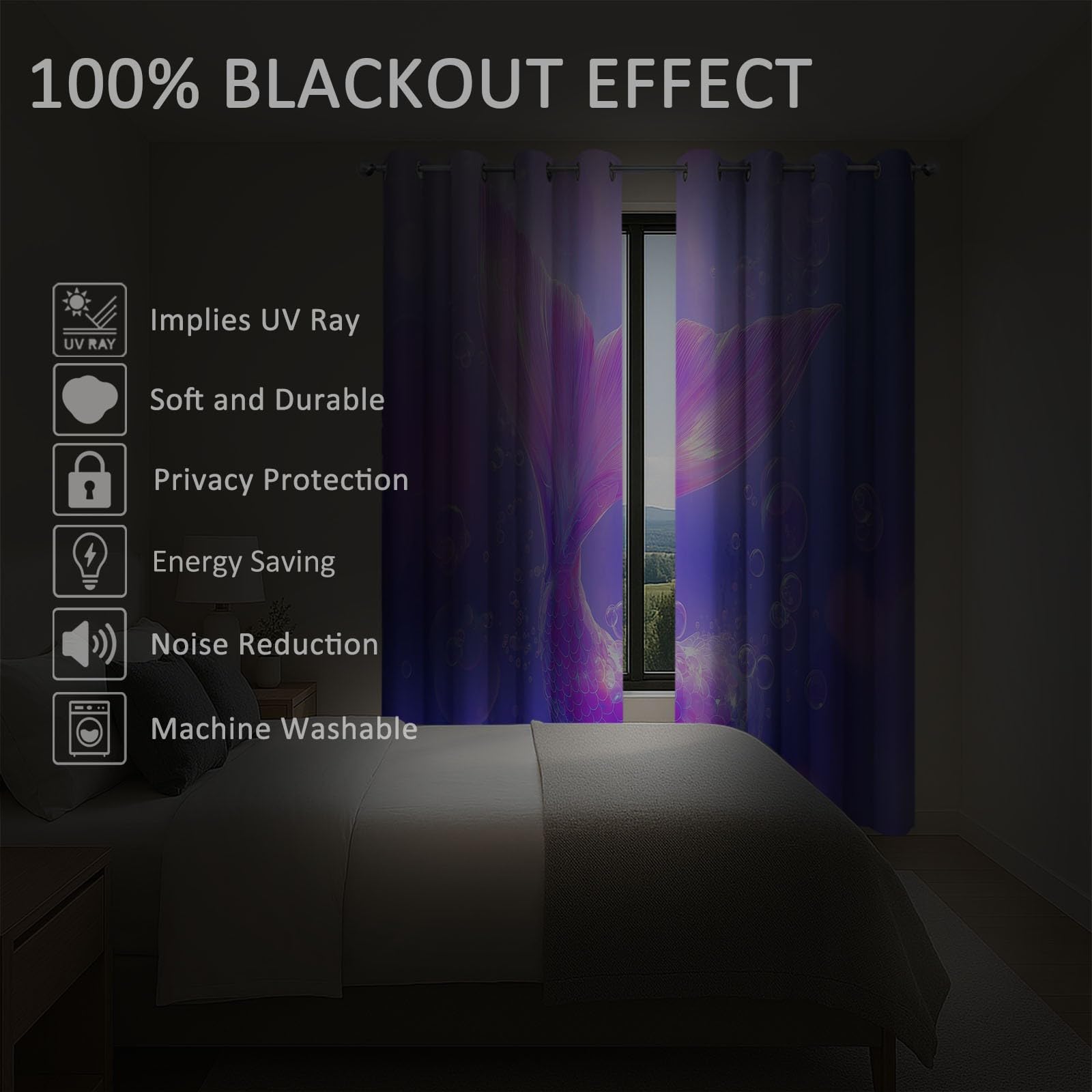 Générique Rideau Occultant pour Chambre d'enfants Fantaisie Dégradé Sirène 110 X 215 Cm (Lxh) 2 Pièces pour Maison Chambre Salon, 3D Impression Rideaux, Lavable en Machine Protection De Privée Violet