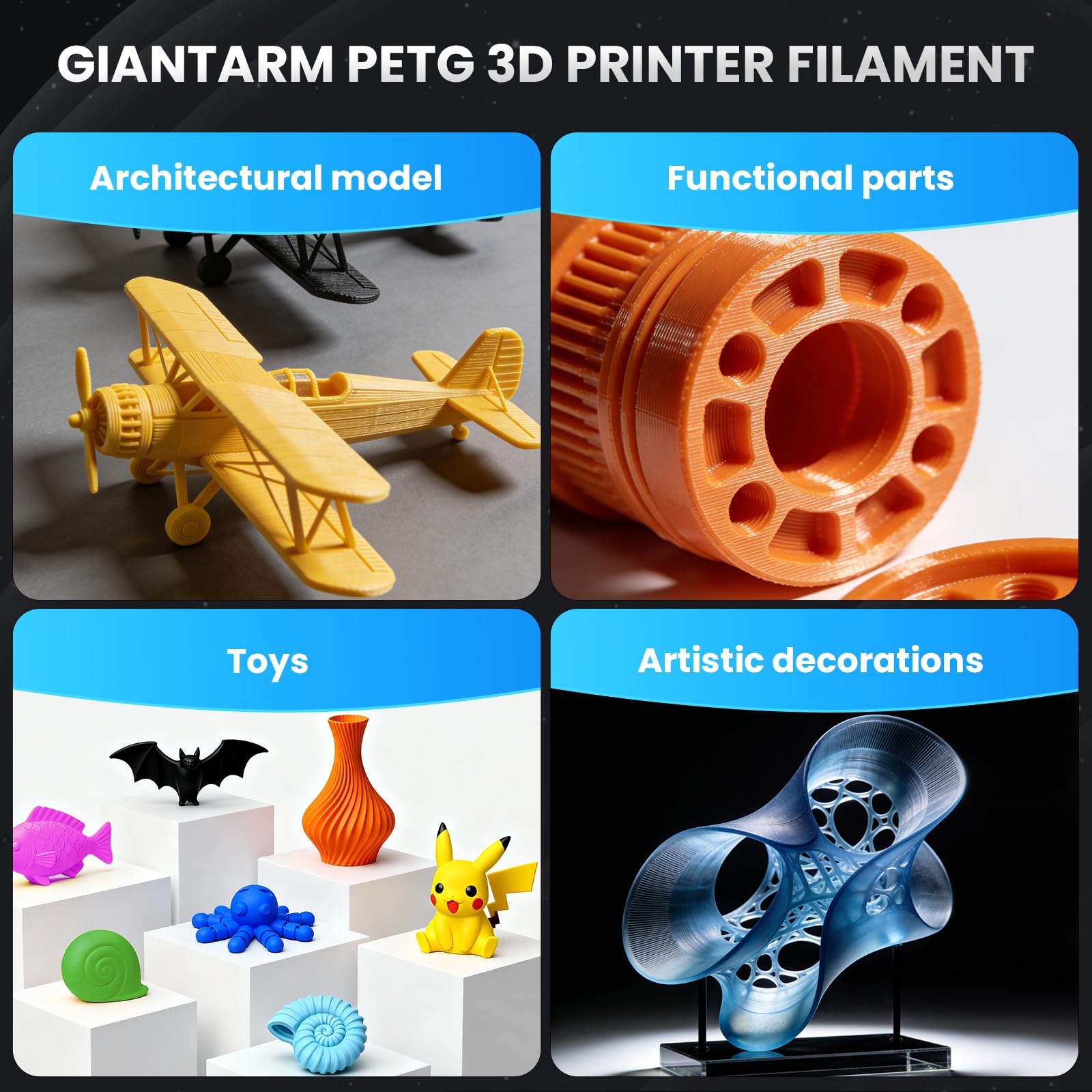 GIANTARM Filamento PETG da 1,75 mm, per stampante 3D, filamento PETG da 2 kg, precisione dimensionale +/-0,03 mm, nero