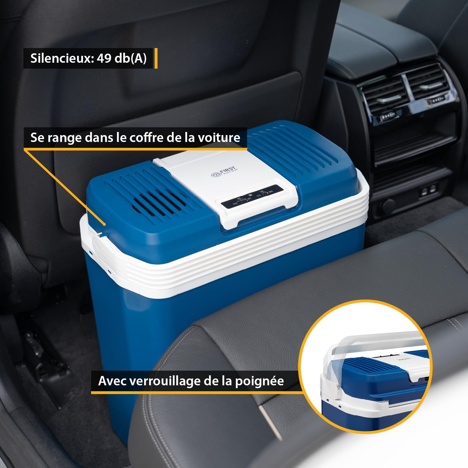 TZS First Austria - Réfrigérateur portable 24L électrique 12V 230V prise voiture & standard - Box thermoélectrique refroidit & chauffe - Glacière avec poignée - Pour camping, festival, voyages - Bleu