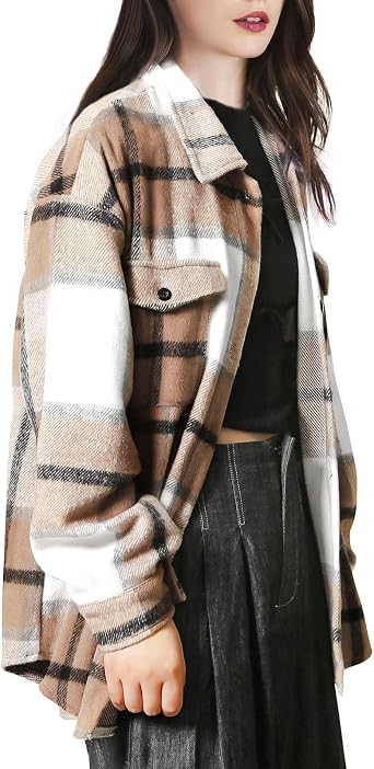 Women's Plaid Shacket,Flannel Button-Down Jacket