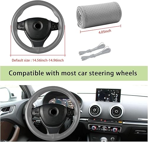 Miniatura 8 de Kewucn Funda de cuero genuino para volante, protector universal de 15 pulgadas para volante de automóvil con hilo de aguja, funda transpirable