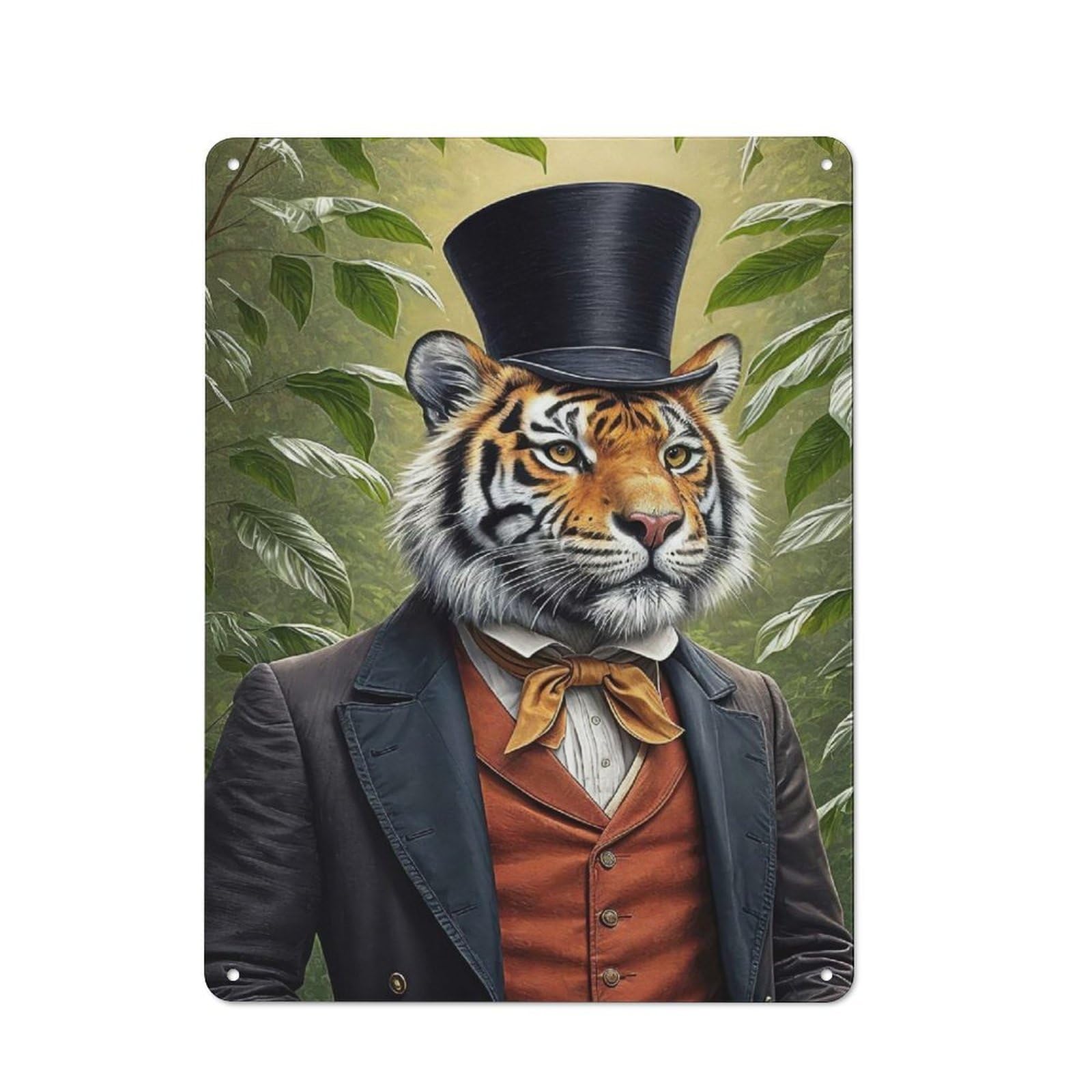 Junmoney Style-4 Dapper Tiger In Top Hat And Suit Rustic Tin Wall Plaque 40X30cm For Hobby Room Or Studio, A New Home Present For Creative Interior Collectors