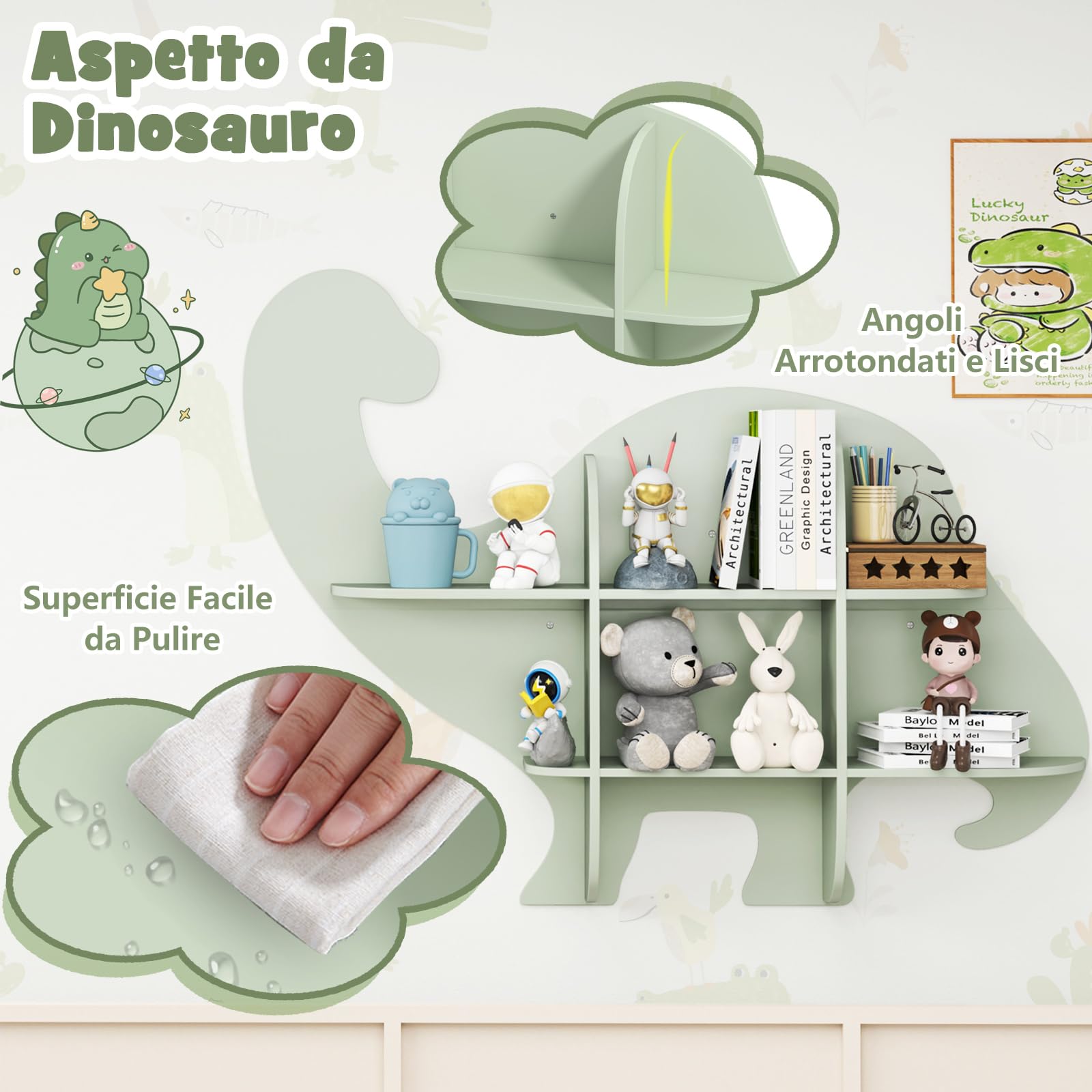COSTWAY Libreria da Parete per Bambini a Forma di Dinosauro, Mensola a 2 Ripiani in Legno da Appendere, Scaffale da Parete per Camera dei Bambini Camera da Gioco Asilo, 105,5x16x78,5 cm