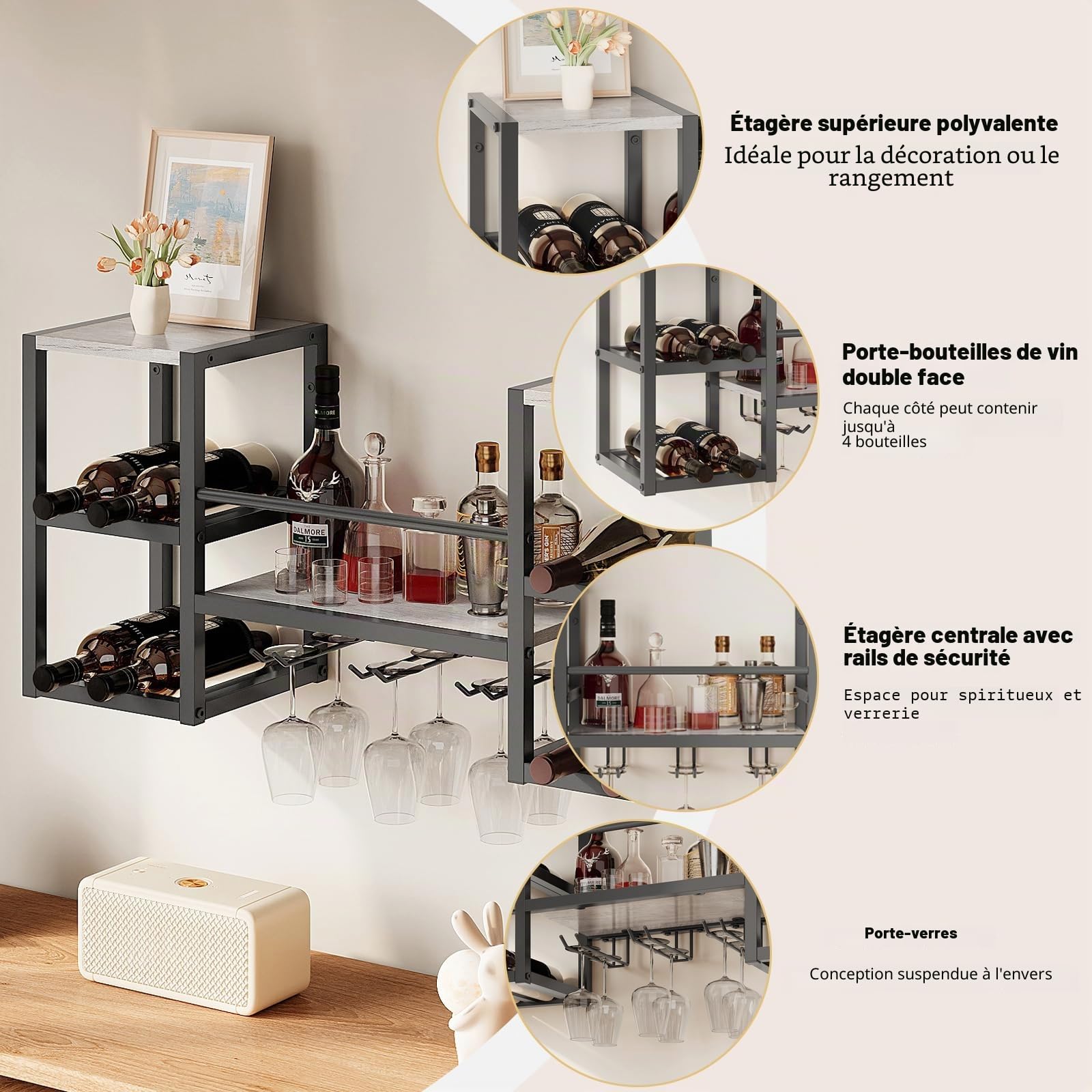VEDECASA Étagère murale à vin à 3 niveaux avec 6 supports en verre - Support mural - Multifonctionnel - Pour cuisine, bar, restaurant, salle à manger, salon