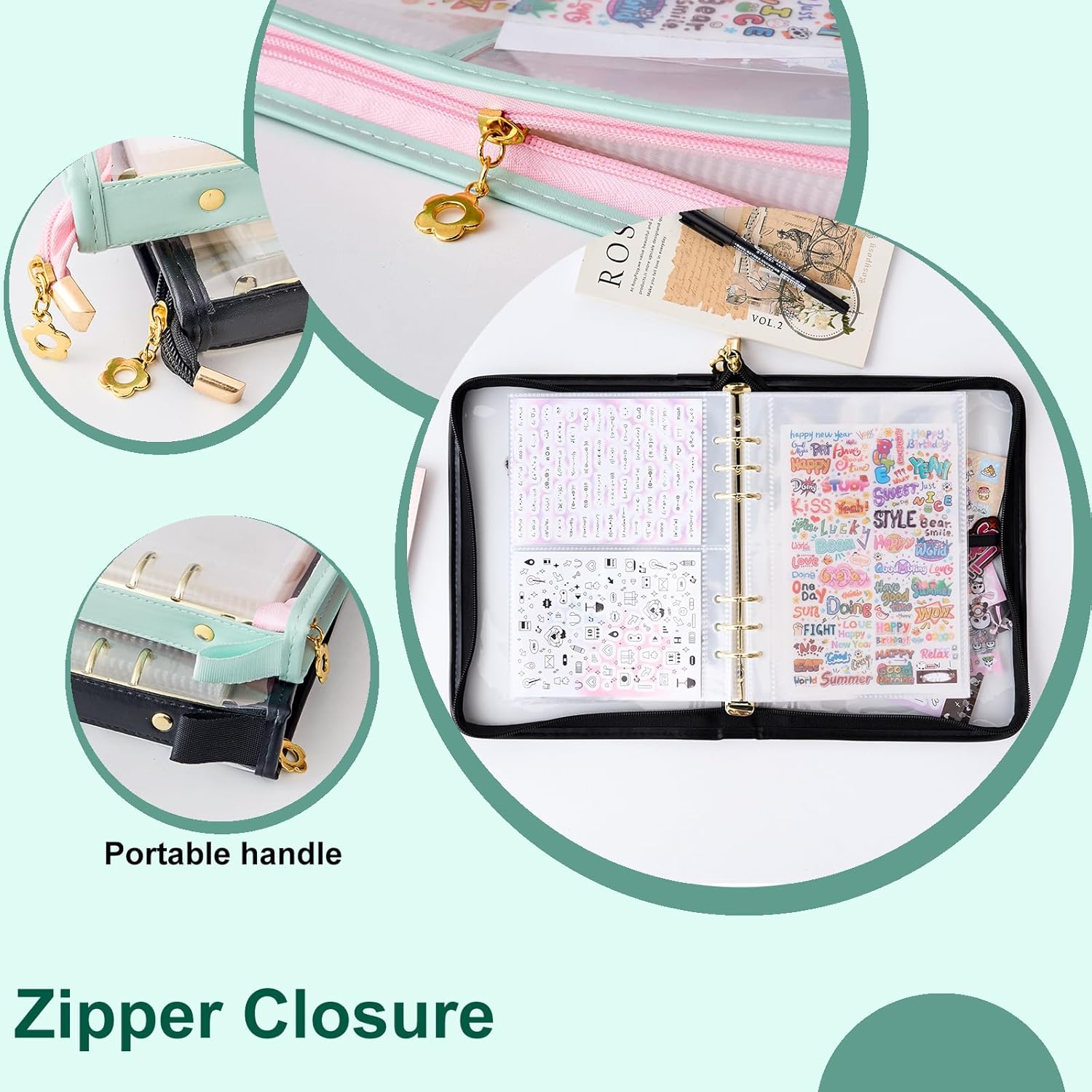 2pcs Sticker Collection Organizer Binder large capacity (65 sheet), PU leather clear sticker storage book album with zipper closure,double-sided Collecting for journal scrapbook planner (Black+Green)