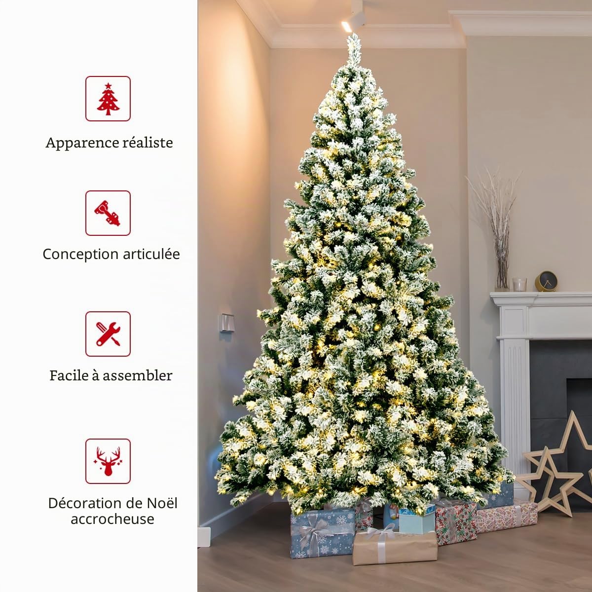 LIFEZEAL Sapin de Noël Artificiel 140/180/225 cm, Arbre de Noël avec Système de Pliage, Décoration de Noël avec Support en Métal (Vert+Blanc|avec LED, 180cm)