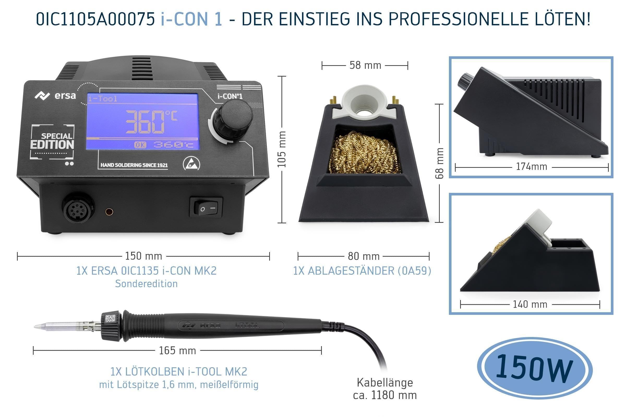 ERSA i-CON1 MK2 digitale 1-Kanal Industrie-Lötstation 50–450 °C mit 150 W i-TOOL MK2 Tip’n’Turn – antistatischer Spitzenwechsel – Profi-Set mit 6-teiligem Zubehör