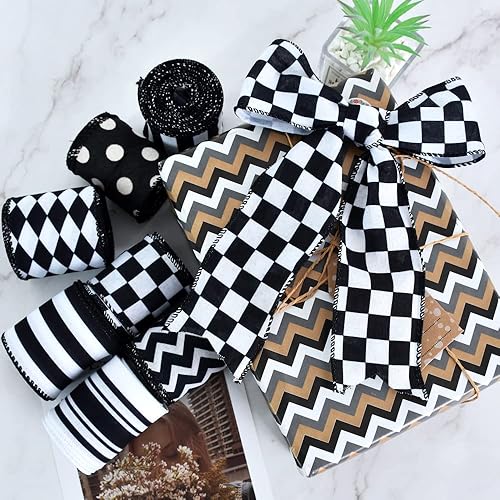 Miniatura 6 de TONIFUL Cinta de borde con alambre blanco y negro de 2.5 pulgadas, cinta de arpillera a cuadros de cuadros, cinta blanca con alambre para envolver