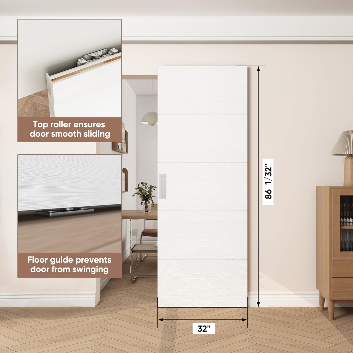 Diagram showing the JUBEST Concealed Sliding Barn Door with overall dimensions (32 inches wide, 86 1/32 inches high) and details of the top roller and floor guide.