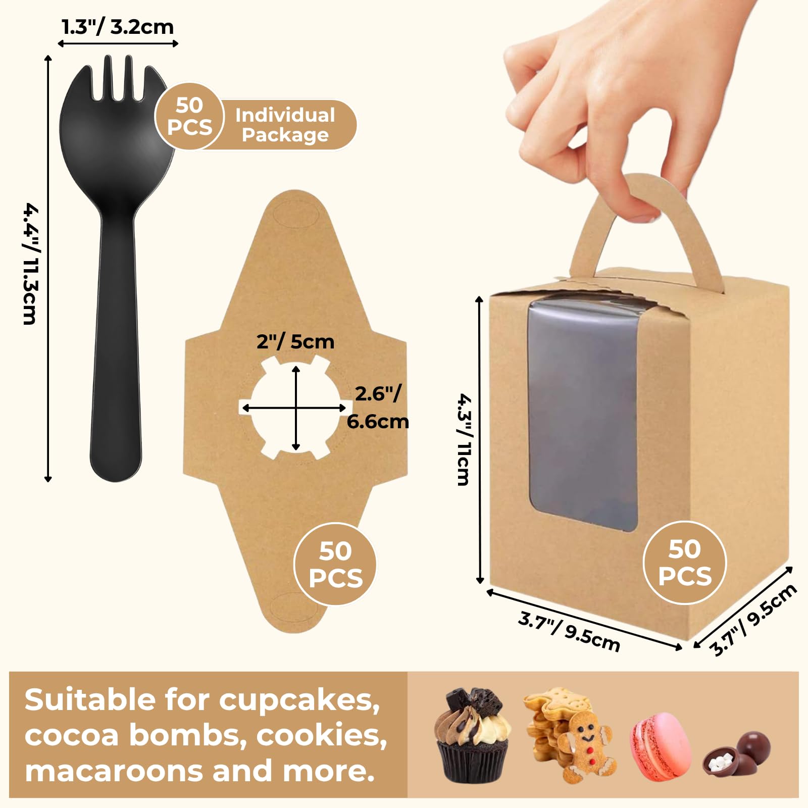 Atarvana 50pcs Kraft Cupcake Boxs Individual with Window Insert and Handle, Individual Cupcake Containers Carriers with 50pcs Spoons and 120 Stickers for for Bakery Wrapping Party Favor Packing