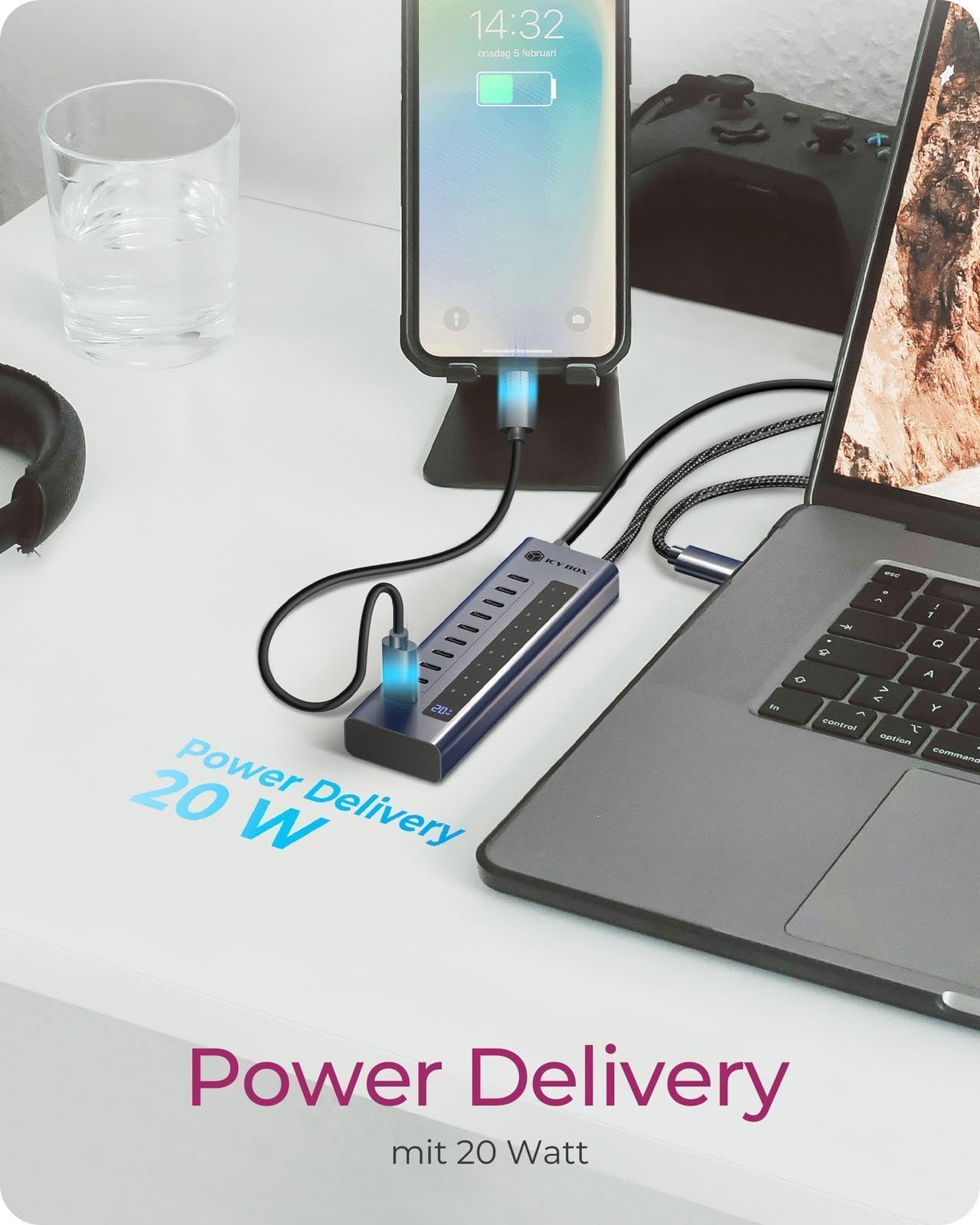 ICY Box Hub USB-C a 10 porte, 9 porte USB 3.2 Gen 2 (10 Gbps), 1 alimentatore USB-C da 20 W, alloggiamento in alluminio, cavo da 60 cm, adattatore di alimentazione, IB-HUB1450-C31