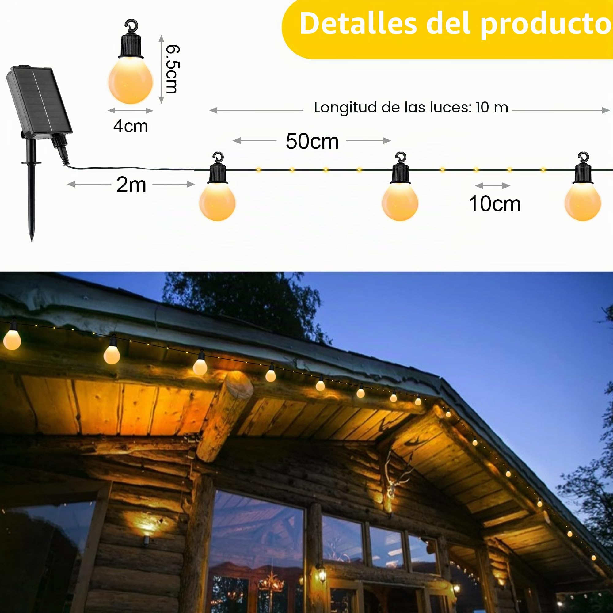 Tacobey Guirnaldas de Luces Exterior Solar, 【Carga USB】 10M 100 LED Cadena de Luz Solares con 20 Bombillas, IP65 Impermeable Luminosas Exterior Deco para Jardín, Patio, Fiesta,Terraza (Blanco Cálido)