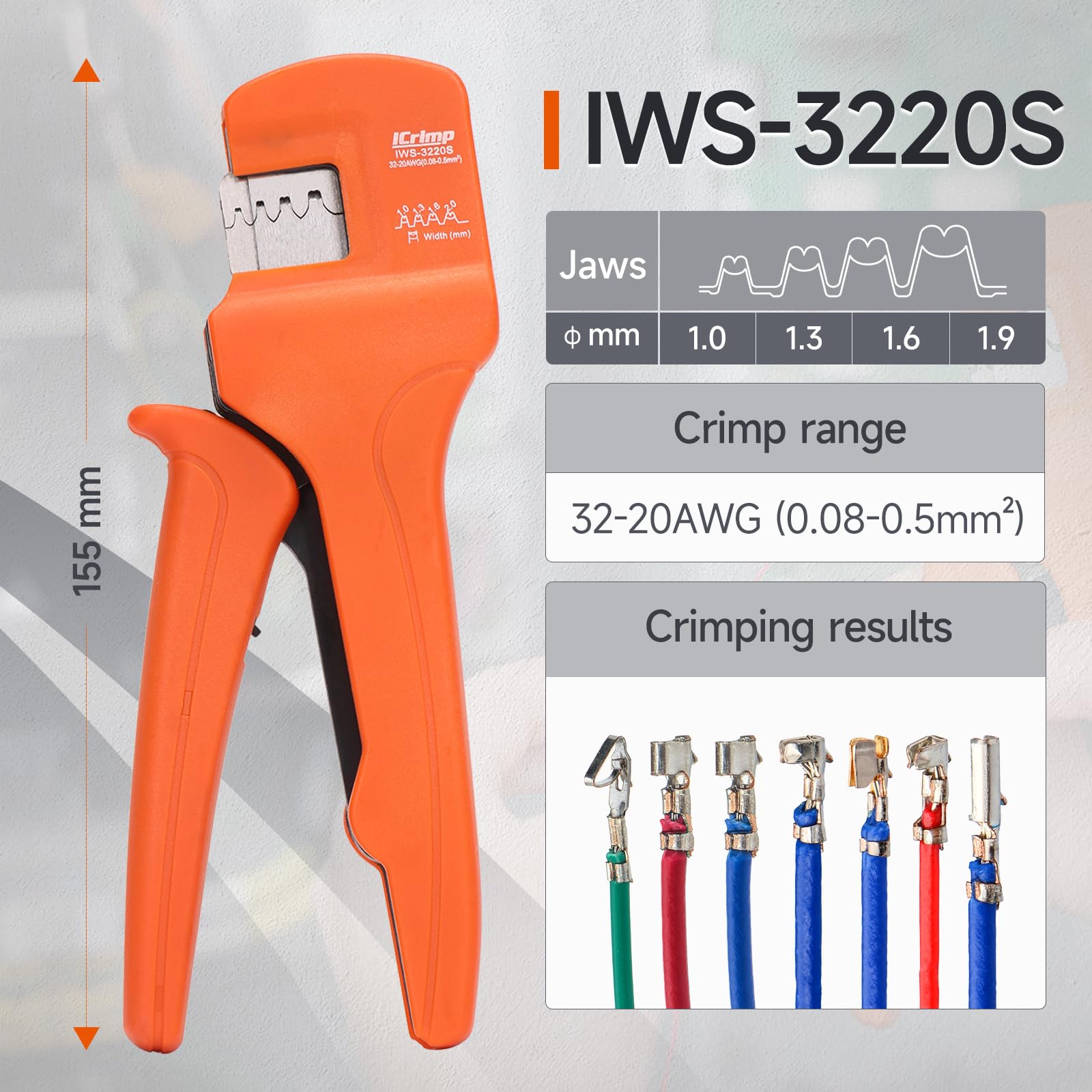 iCrimp - Pinza crimpatrice a barilotto aperto, 0,08-0,5 mm² (32-20 AWG) per micro connettori, pinza crimpatrice per JST Molex JAE, strumento di crimpatura di precisione per micro connettori