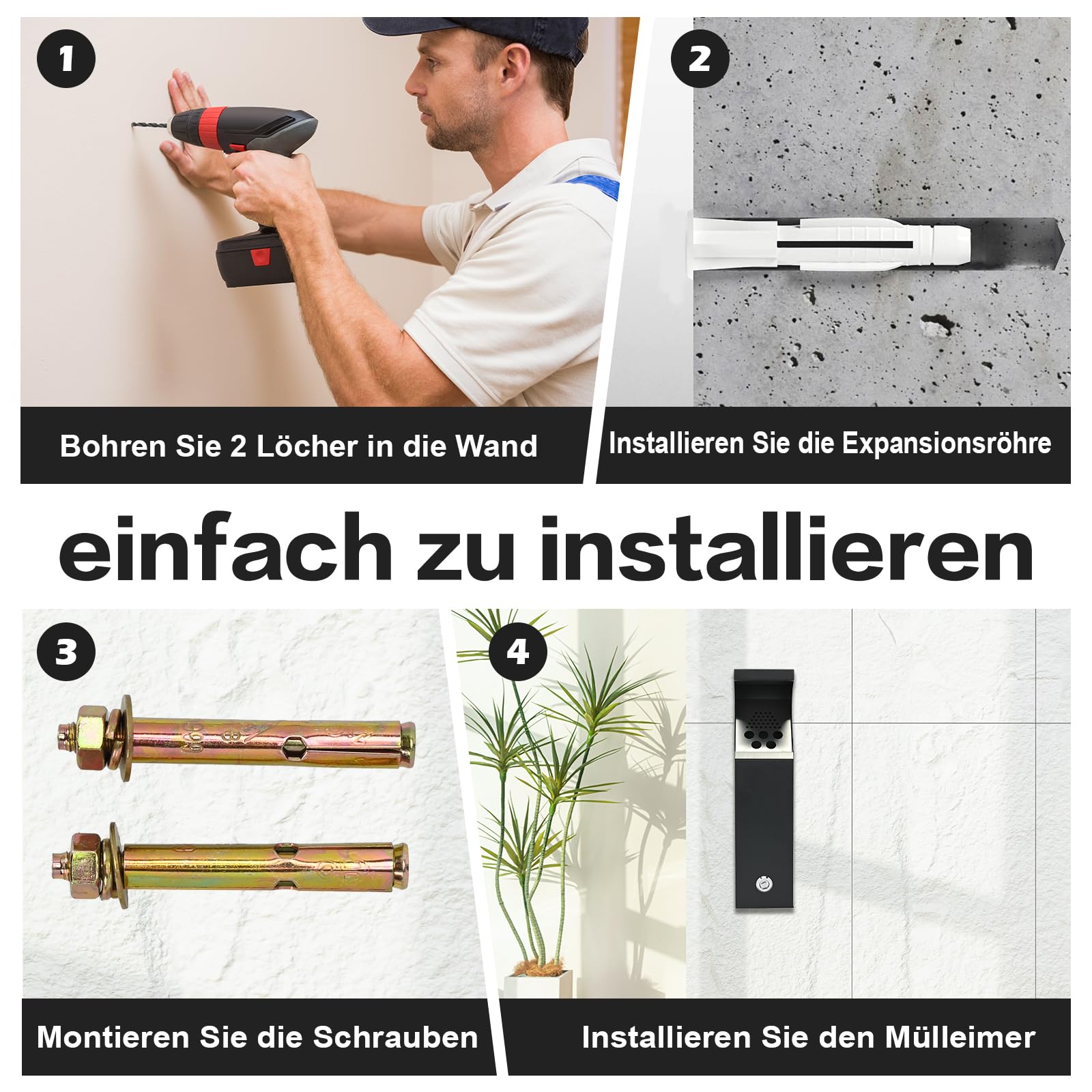 Cubo de basura comercial para exteriores, cubo de basura de cocina montado en la pared con llave, cubo de basura de 2,3 L, 5 agujeros, color negro, fácil de limpiar, 10 x 10 x 40 cm
