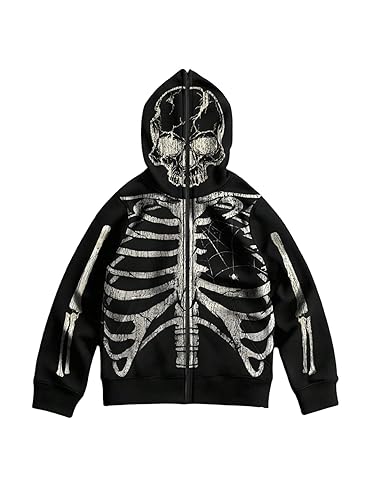 SOLY HUX Men's Graphic Zip Up Hoodie Y2k Gothic Skeleton