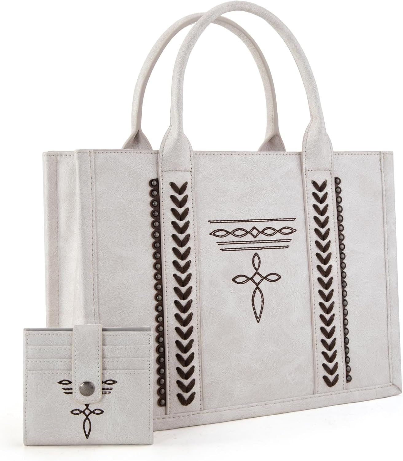 Montana West Longhorn Whipstitch Western Top Handle Tote Bag with Card Wallet Set