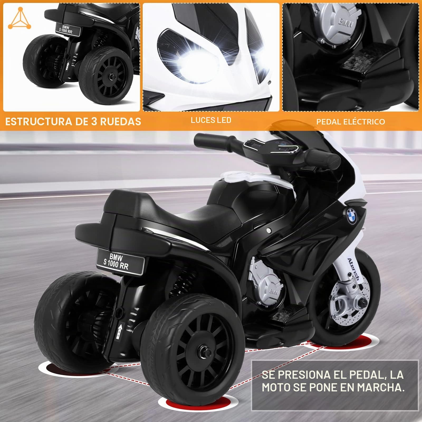 RELAX4LIFE BMW-S 1000 RR 6V Moto Eléctrica para Niños con 3 Ruedas, Música, Luces y Claxon, 3 km/h, Triciclo Eléctrico para Niños de 18-36 Meses, Capacidad de Carga de 20 kg (NEGRO)