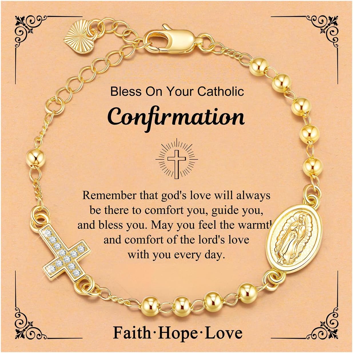 Gold Rosary Bracelet for Girls - 14K Gold Plated Virgin Mary Cross Bracelets,Golden Religious Virgen de Guadalupe Rosary Beads Link Jewelry,Dainty Confirmation First Communion Gift for Teen Women