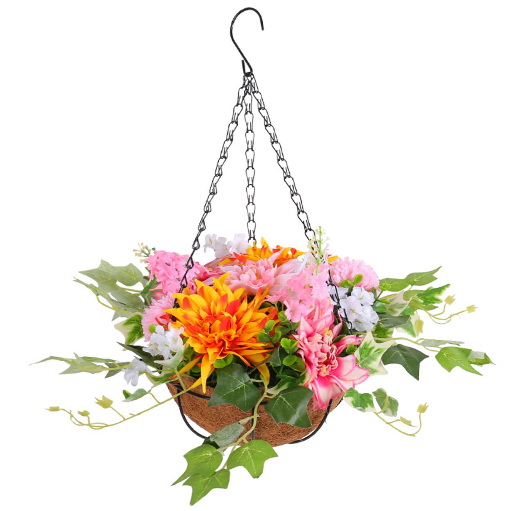 CAKEEYUM Artificial Hanging Baskets Outdoor 17.7 Inch Realistic Hanging Baskets Artificial Flowers Daisy Flowers with Coconut Lining Basket for Outdoors Indoors Decor