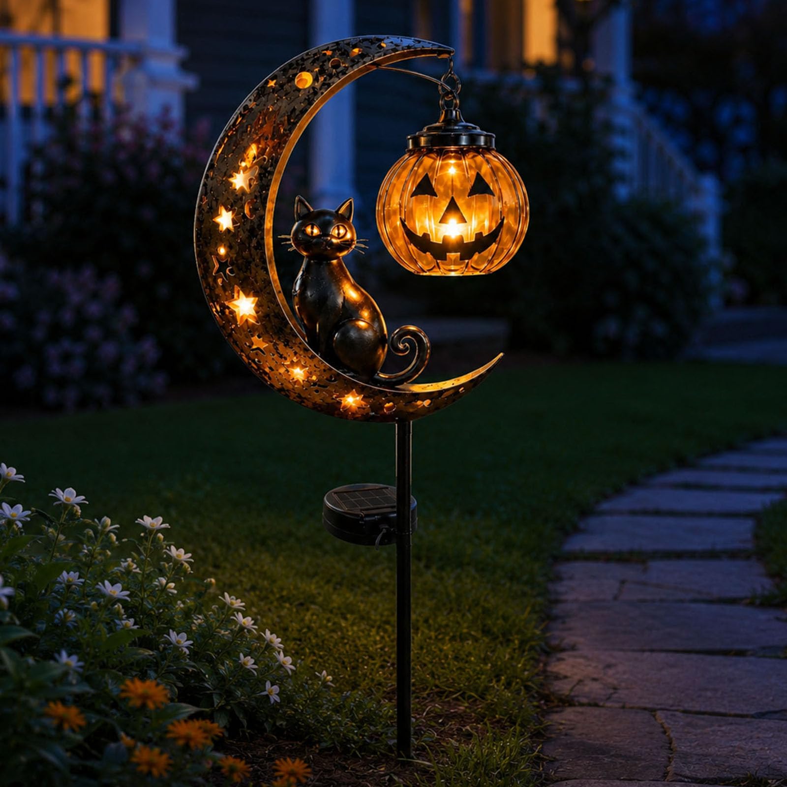 OLYGEE Pumpkin Moon Garden Stake Light, Solar Halloween Black Cat & for Outdoor Yard Decor, Lights with Warm LED Lantern Patio Walkway Porch (#B)