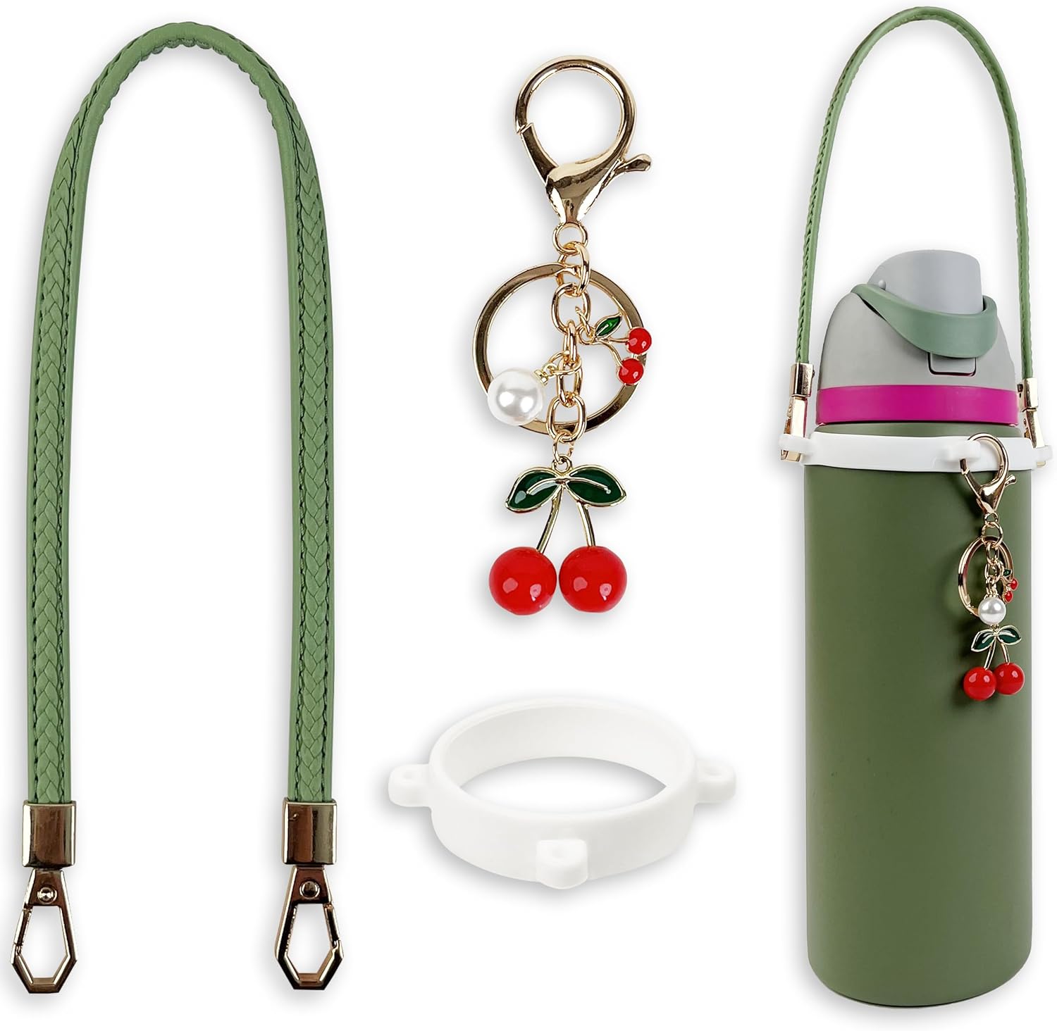 Handle Strap and Cherry Charm Set for Owala Water Bottle 24 oz, 32 oz, 40 oz, Owala Kids, Owala Coffee Tumbler, Owala FreeSip – Includes Handle Strap, for Owala Accessories & Stanley Cup Accessories