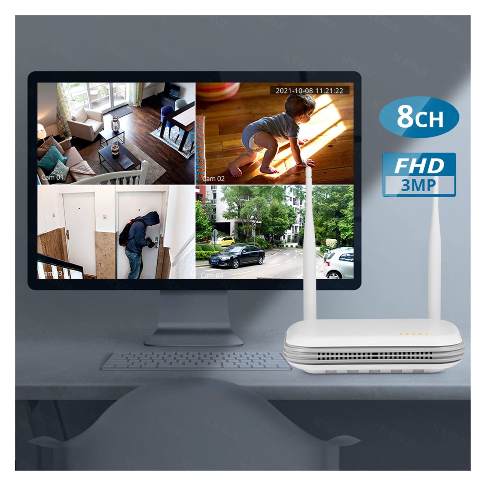 Sistema De Seguridad Con CáMara, H.265 3MP Full HD 8CH NVR inalámbrico Seguridad WIFI Sistema de cámara IP Kit Vigilancia al aire libre CCTV Grabador de audio y video facial Kit de videovigilancia ( S