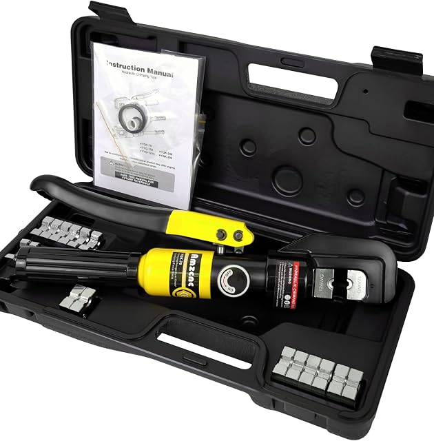 AMZCNC Hydraulic Crimping Tool 8T with 9 Dies of 4-70mm² in Thick Chrome, Insulated Handle, Steel Body, Ideal for Terminating Copper/Aluminum Lugs Terminals (Yellow 8T Crimping Tool)