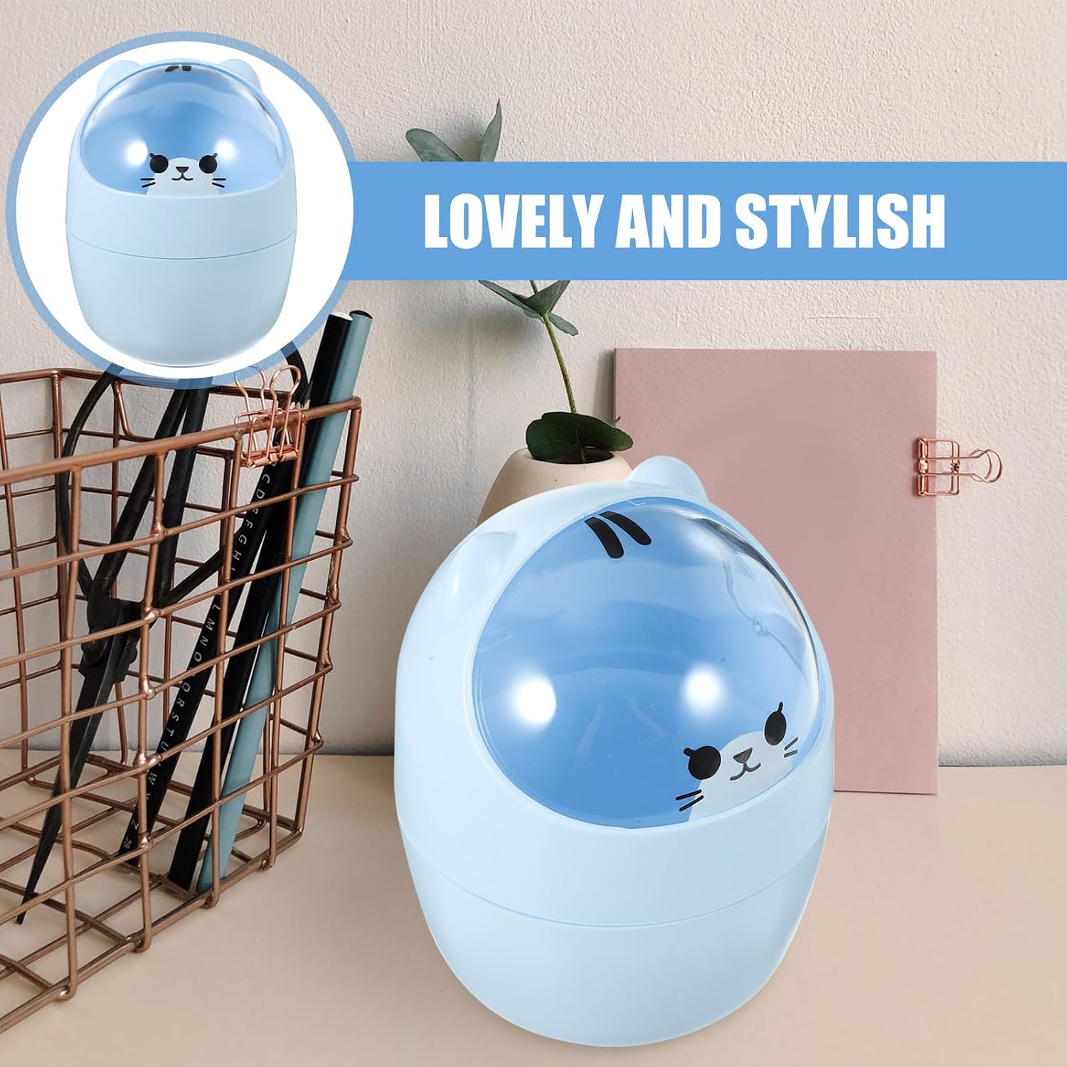 Cartoon Shaped Bear Desktop Wastebasket with Lid, Plastic