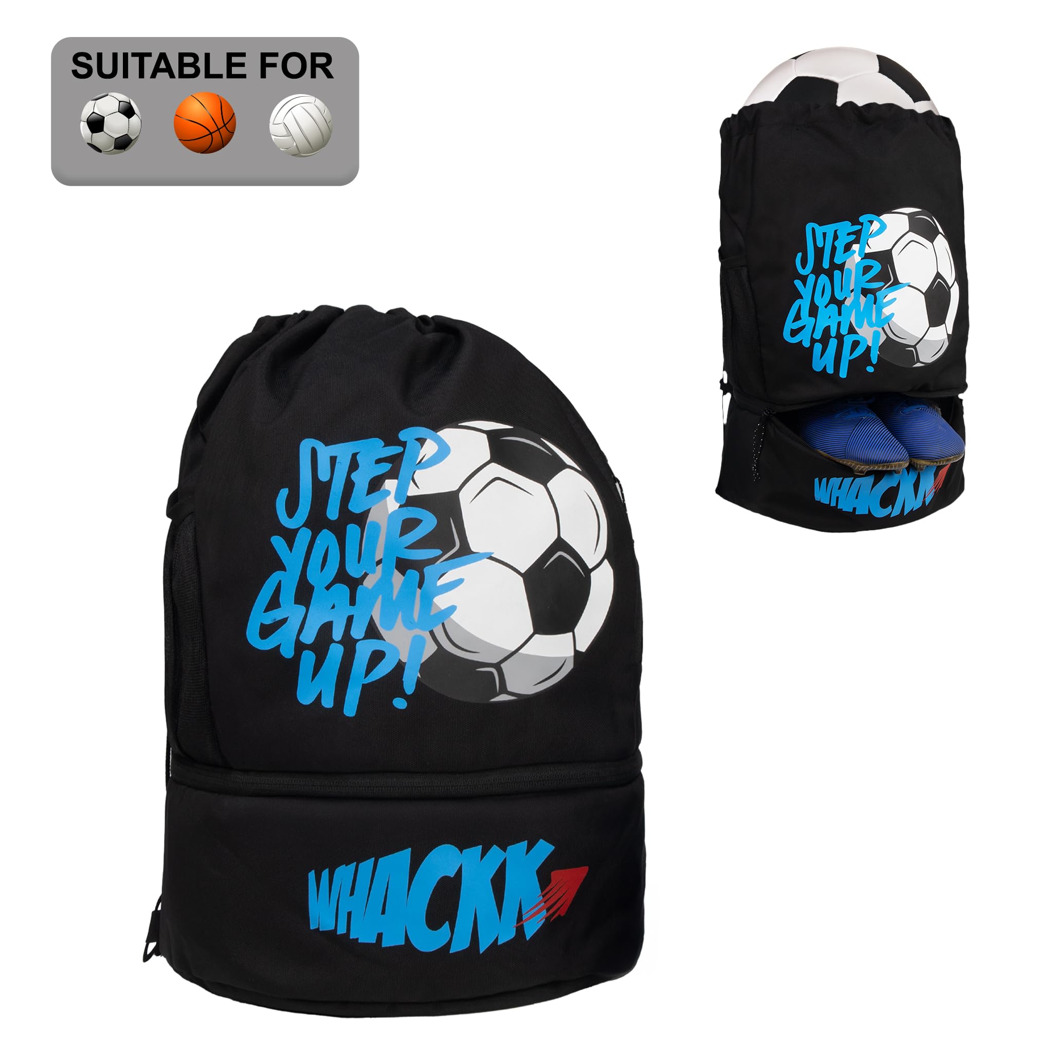 whackk Blitz Soccer|Football Equipment Bags|Basketball Volleyball Throwball Drawstring Backpack Bags|Shoes Mobile Bottle Holder Pocket|Sports Men Boys Bag|Dori Backpack |Gym Bag|Kitbag Kit Bag (Black)-picture-30