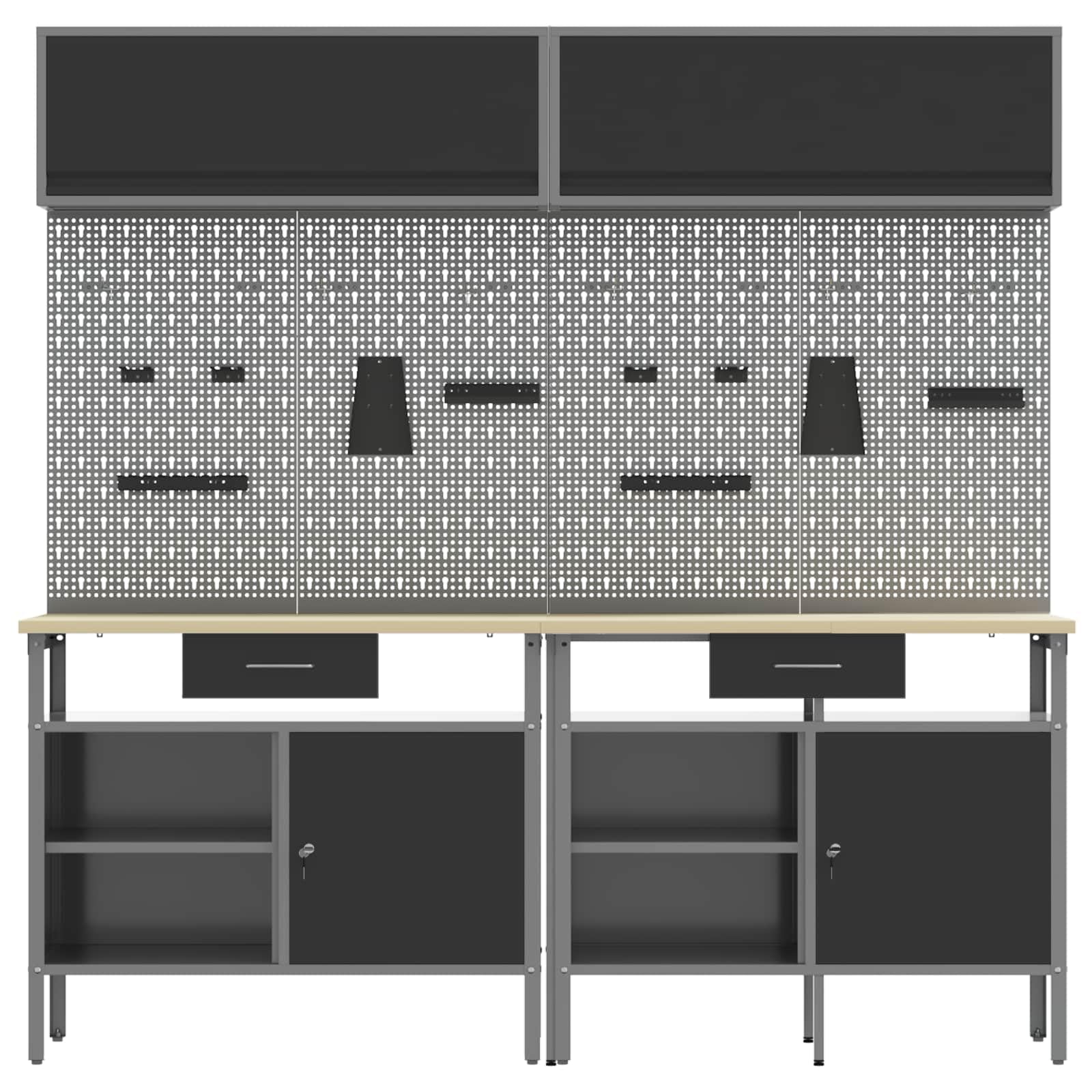 vidaXL Ensemble d'établi 8 pcs Noir et Gris Acier Enduit de Poudre, Organisation d'atelier, Banc de Travail rectangulaire, étagères Solides, Surface réglable, Solutions de Rangement d'outils