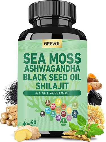 Musgo marino 8000 mg Ashwagandha 3000 mg aceite de semilla negra 4000 mg Shilajit 1000 mg, cápsulas de musgo marino con bardana cúrcuma vitaminas C