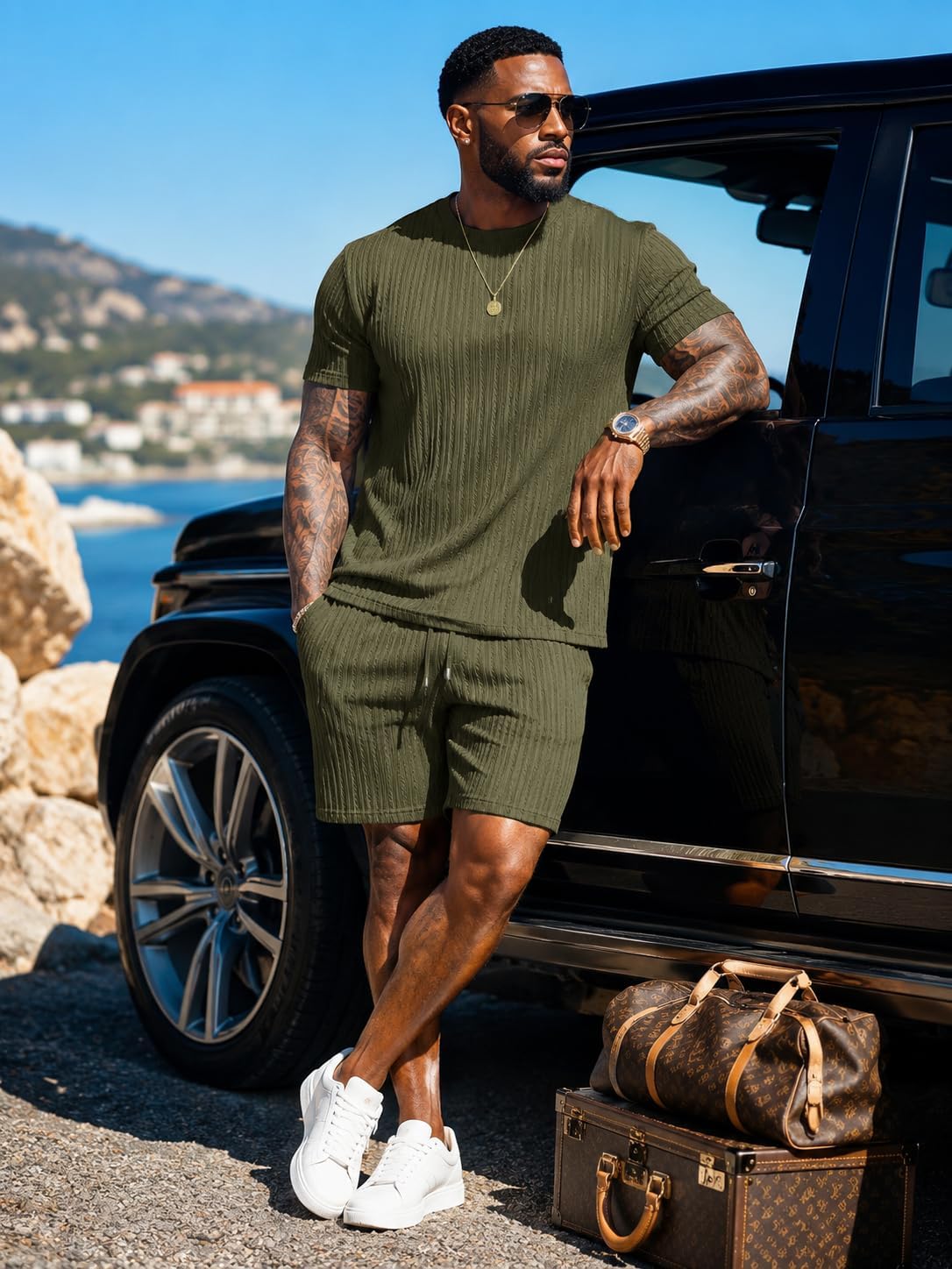 UOUA Mens Shorts Set Crewneck Short Sleeve T-Shirt & Shorts Twisted Texture 2 Piece Summer Outfits Casual Matching Sets