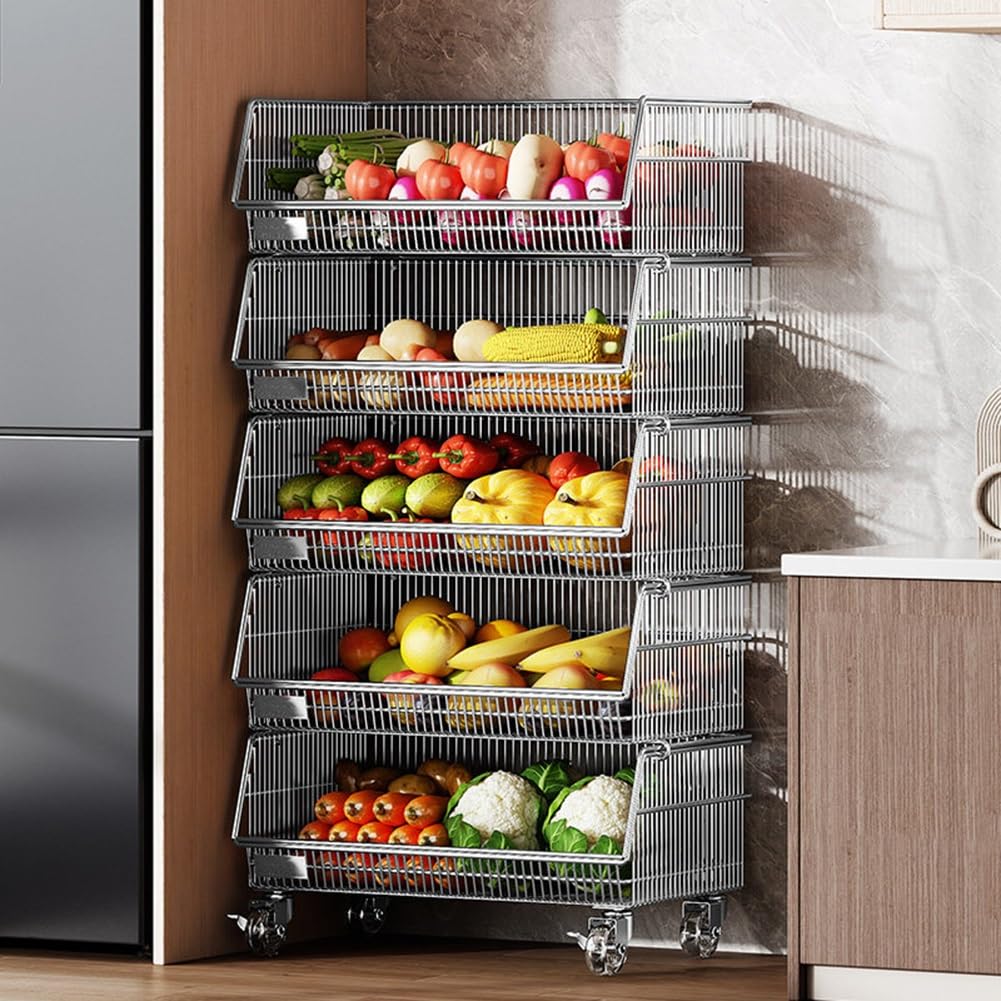 Carrello in filo metallico con ruote, ripiani per cucina, dispensa, lavanderia, garage, organizer a 3 livelli