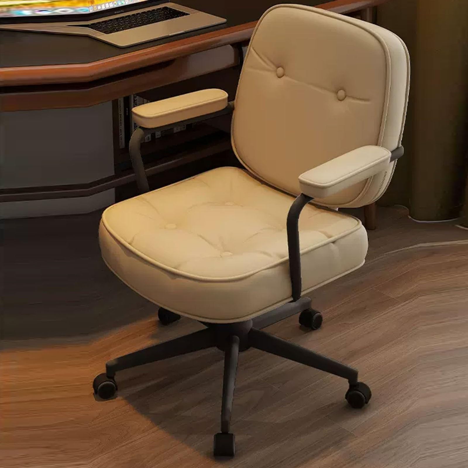 Sedia da toeletta moderna con angolo di inclinazione regolabile e funzione girevole, elegante poltrona imbottita per soggiorno e stazione di trucco (gambe nere beige)
