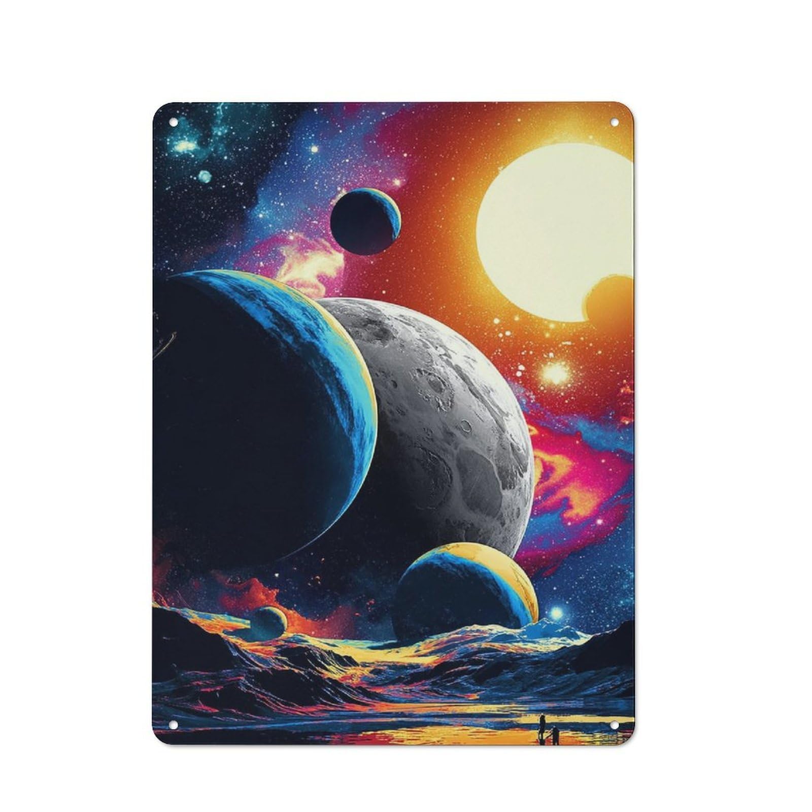 Metal Wall Plaque with Galactic Dreamscape Celestial Bodies in Harmony Design 40x30cm, Old Fashioned Vintage Wall Decor for Living Room, Hallway, Kitchen Or Cafe