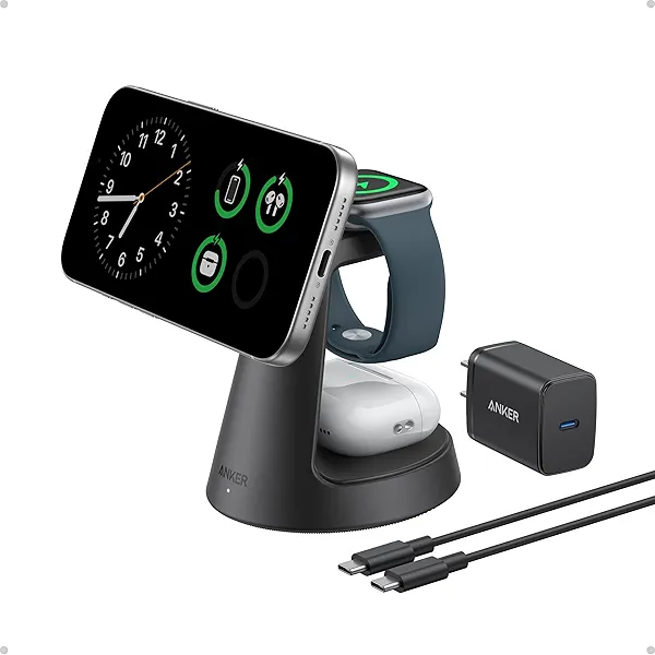 Anker MagSafe Charger Compatible, MagGo 3-in-1 Charging Station, Nano Charging Stand, Qi2 Certified 15W Magnetic Wireless Charger Dock, for iPhone17/16/15/14, Apple Watch,AirPods (Adapter In