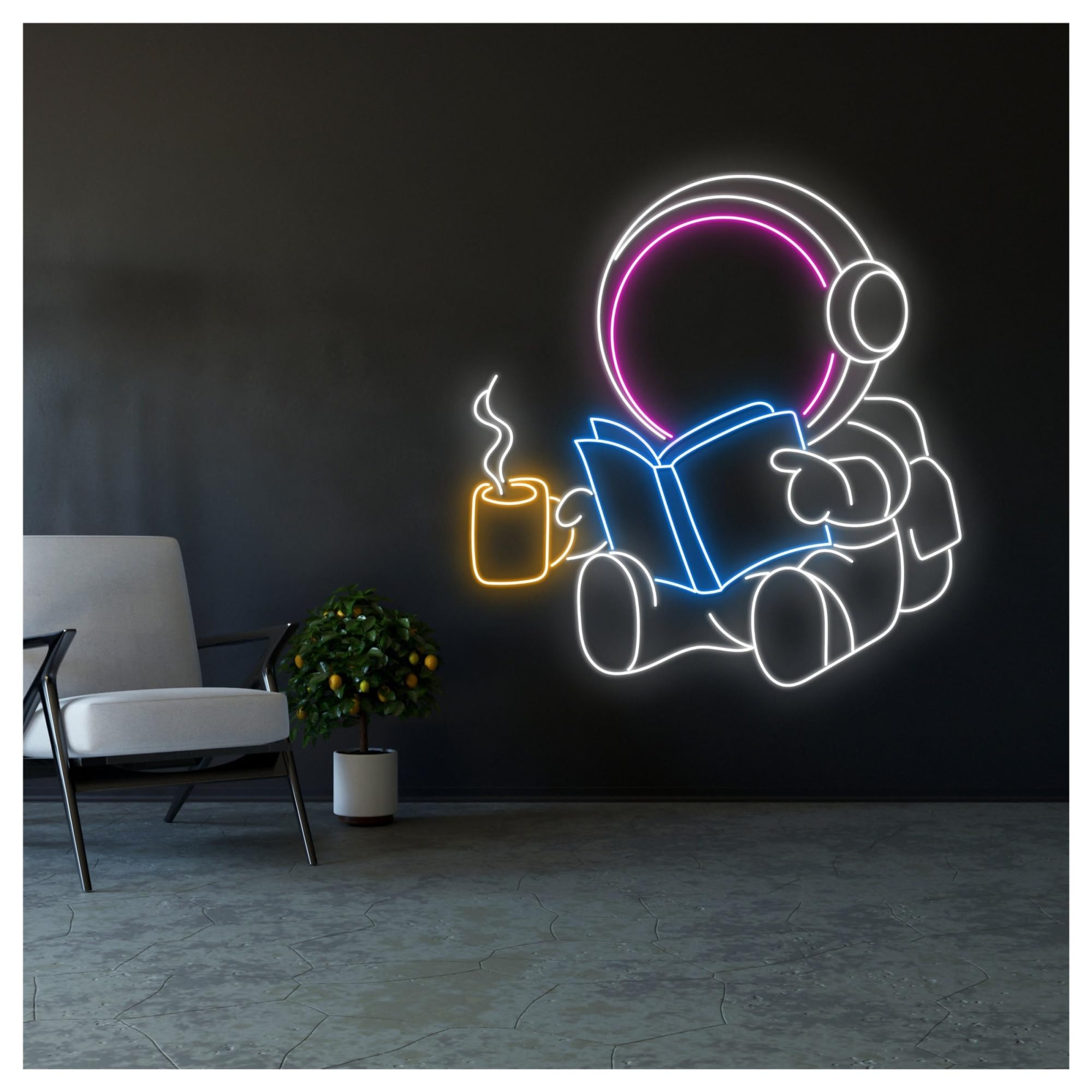 Luces de neón Letrero De Neón Astronauta Leyendo Un Libro, Leer, Beber Café, Escaparate, Entrada Comercial, 58cm