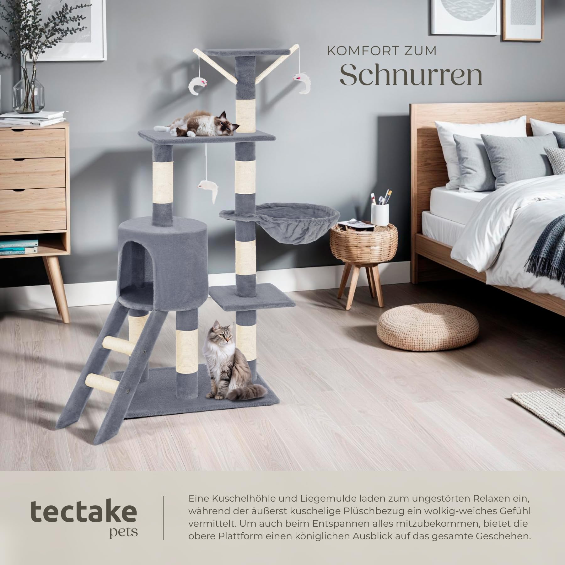 Tectake Kratzbaum für Katzen - Mittelgroßer Kletterbaum mit Sisalstangen, Hohl und Treppe - Katzenhaus 144 cm Hoch - Grau