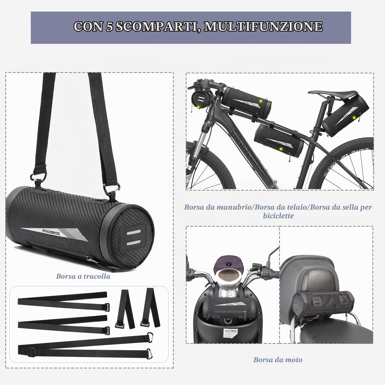 ROCKBROS Borsa Bici Manubrio 2L + Campanello Bici Mini, per 22,2-31,8mm | Idrorepellente Riflettente Design Portatile con Tracolla + 90dB Installazione Semplice per Bici da Corsa e MTB