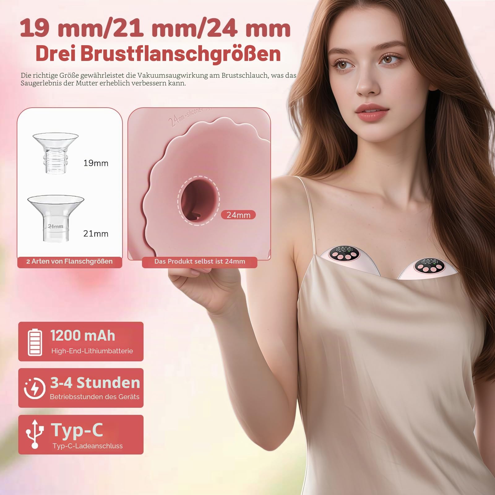 Elektrische Milchpumpe Handsfree 2er | 4 Modi 12 Stufen, Leise 50dB, Tragbare In-Bra Milchpumpe mit 19/21/24mm Flansch, Integriertes Design