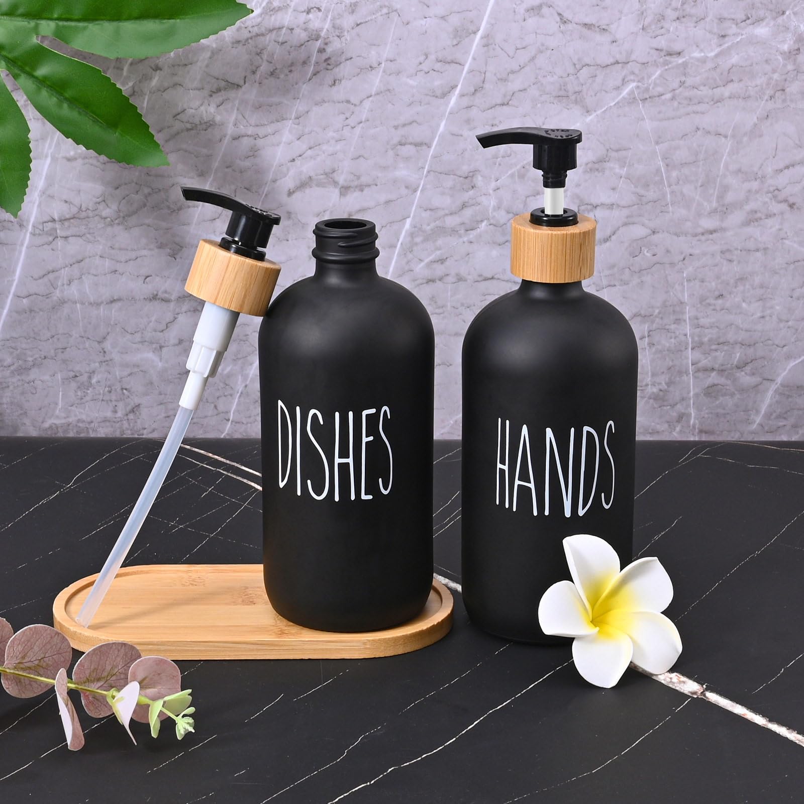 Elegante set di dispenser di sapone in vetro con vassoio - Decorazione nera e bianca per bagno e cucina - Capacità di 500 ml (bianco+nero)