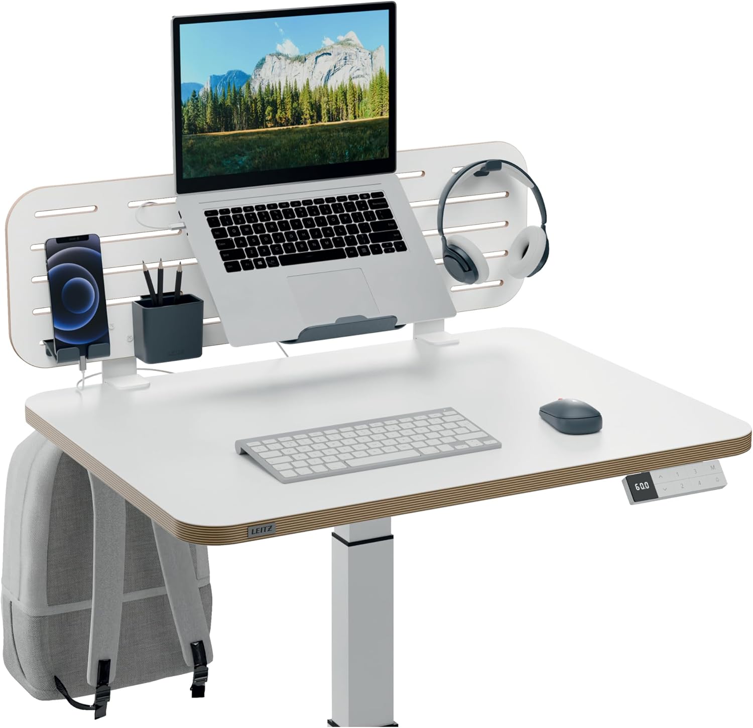 Leitz Ergo Pegboard Desk Organiser with Laptop Holder & Desk Tidy Accessories, Compatible with Desk Thickness of 35mm, Wide Hanging Slots, Clamp Mounting, 80cm x 25cm, Ergo Range, White, 65490000