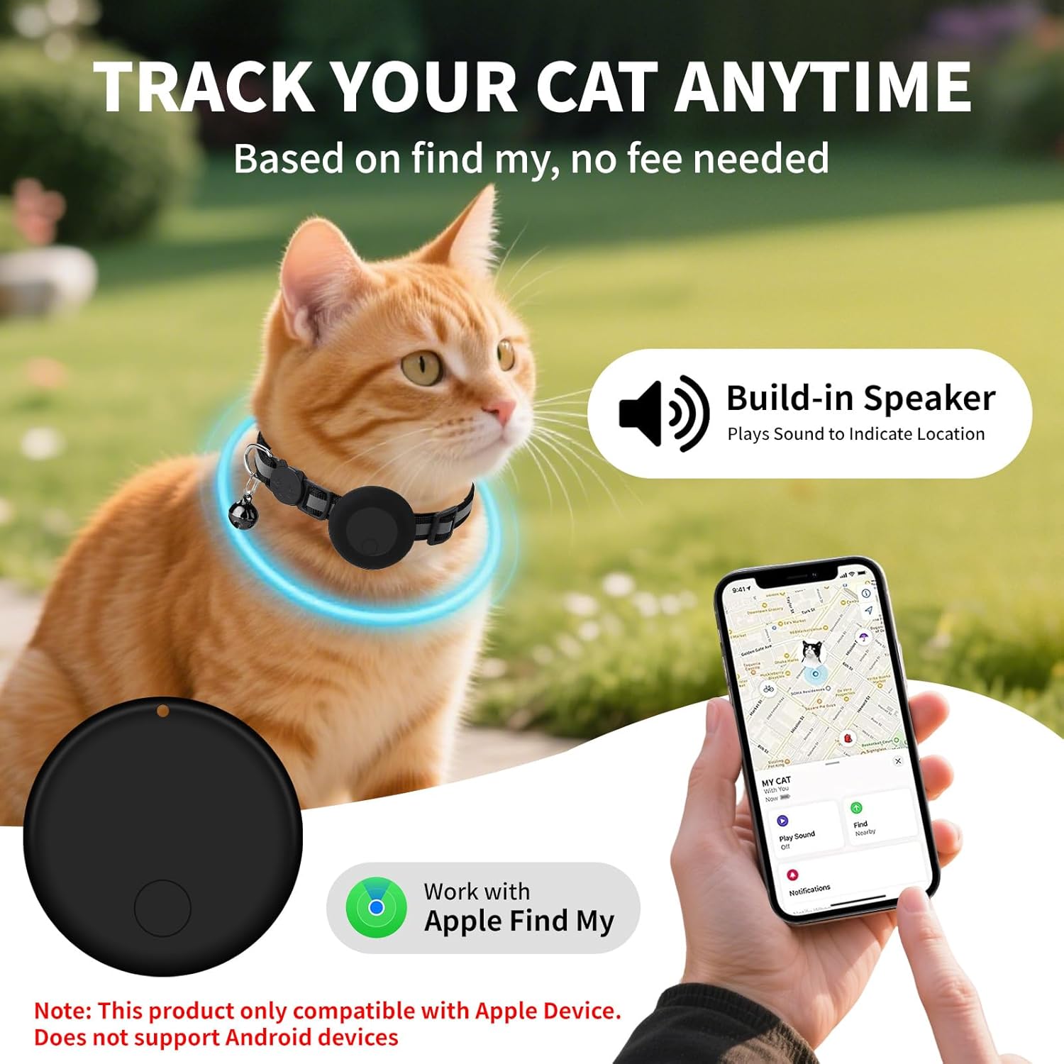 GPS Tracker for Cats (1 Pack), Mini GPS Cat Tracker, Smart Pet Activity Tracker, No Monthly Fee, Compatible with Apple Find My(iOS Only), Anti-Lost, Finder Tag for Vehicles, Pets, Kids, Items