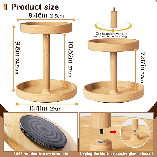 Miniatura 6 de Organizador Lazy Susan de bambú de 2 niveles para cocina, tocadiscos para gabinete, organizador giratorio para gabinete, despensa, cocina, encimera,