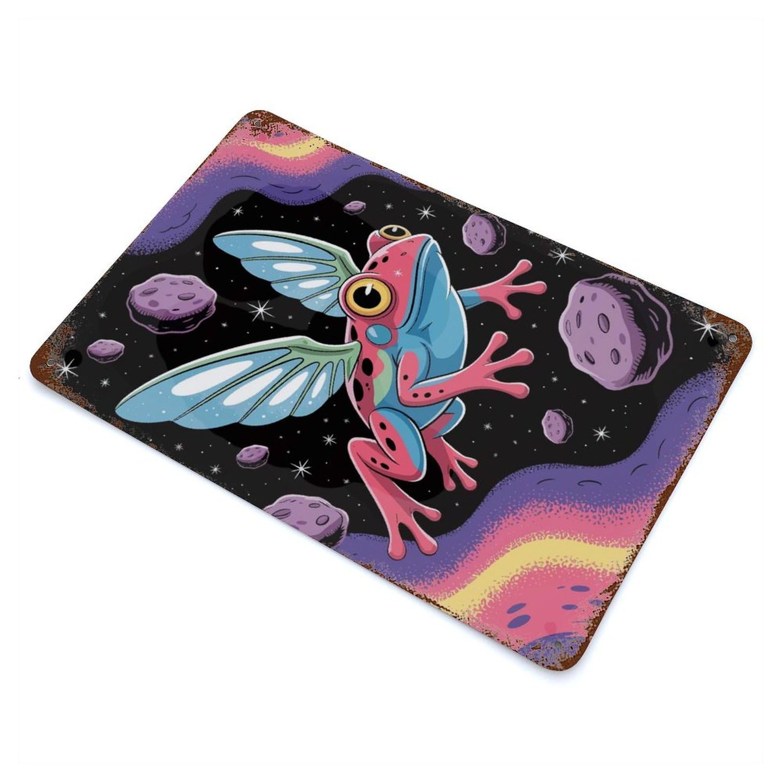 Distressed Metal Wall Sign Flying Frog in Space 11.8"x7.9", Retro Wall Decor for Basement, Hobby Room And Garage Decor