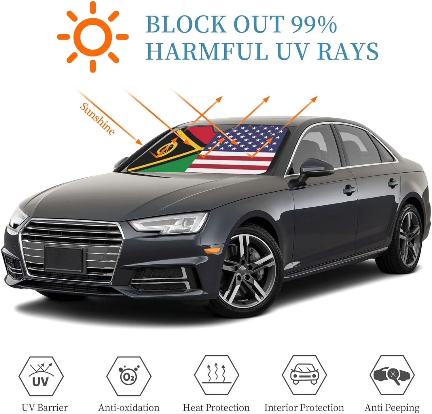America Vanuatu Friendship Flag Foldable Car Windshield Sunshade Blocks Heat and Sun Glare Uv Rays